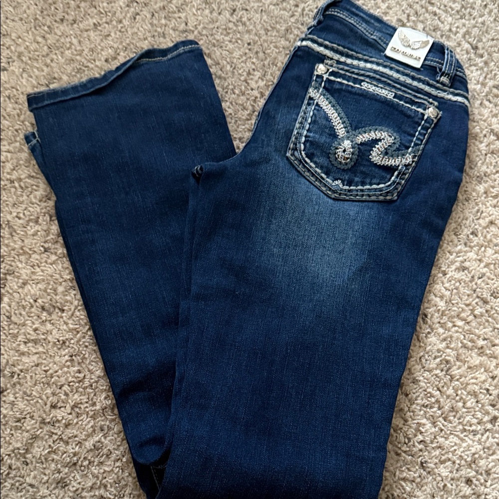 Miss Me Dark Blue Boot Cut Jeans with Embellished Pockets